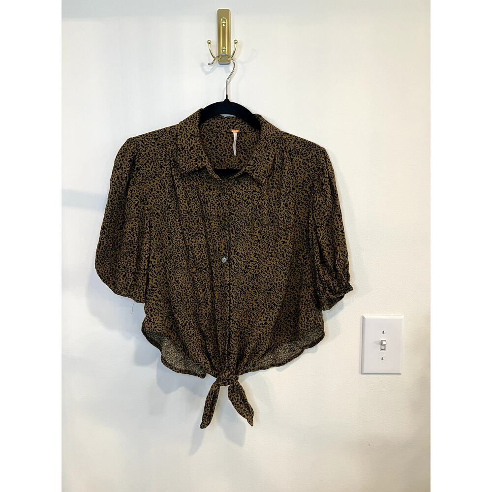 Free People Leopard Print Button Front Tie Top Boho Festival Blouse Small - Picture 3 of 6